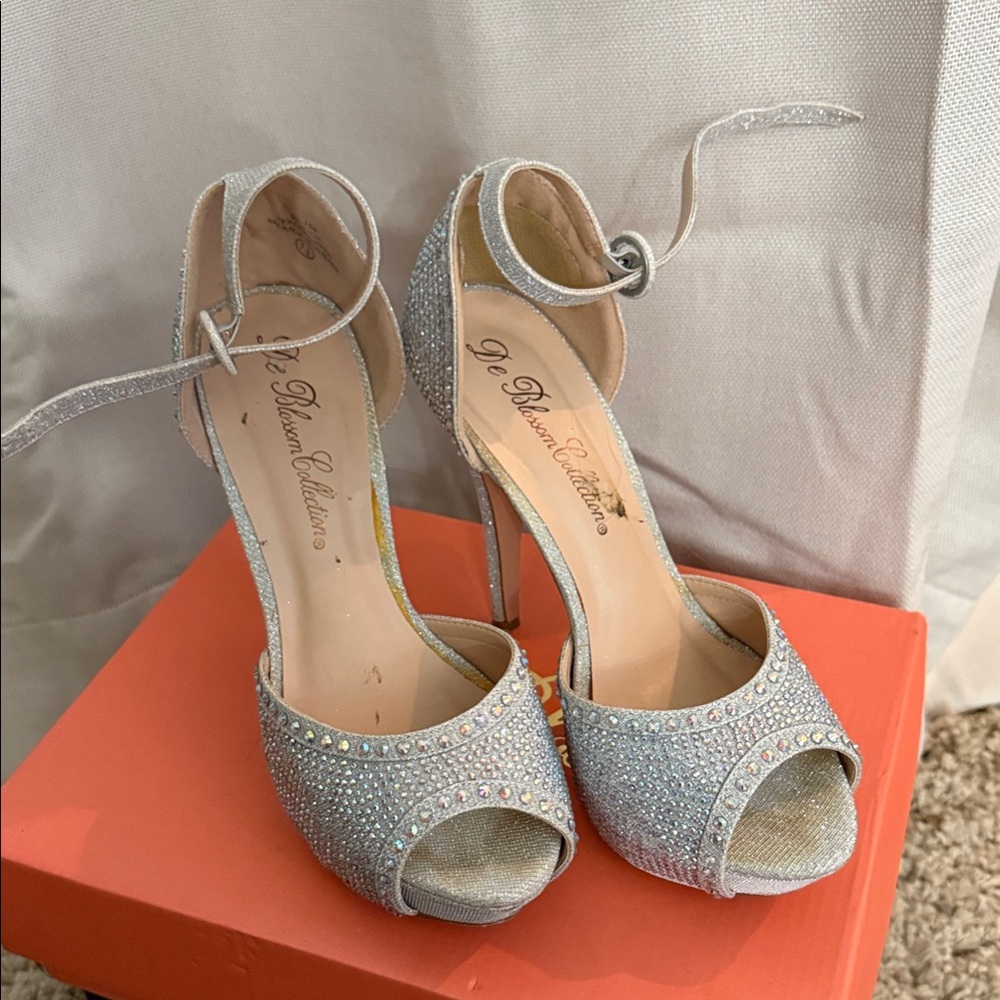 De Blossom Collection Glittering Silver Ankle-Strap Heels